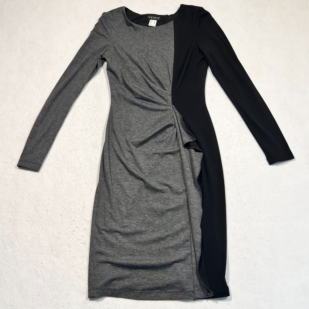 Venus Sheath‎ Dress Long Sleeve Ruffle Back Zip Gray Black Cocktail Women's 4